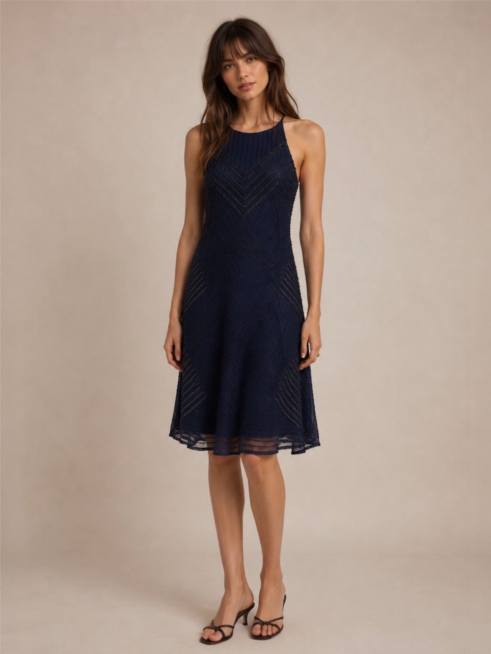 Vintage Angie Navy Beaded Art Deco Cocktail Slip Dress, Medium